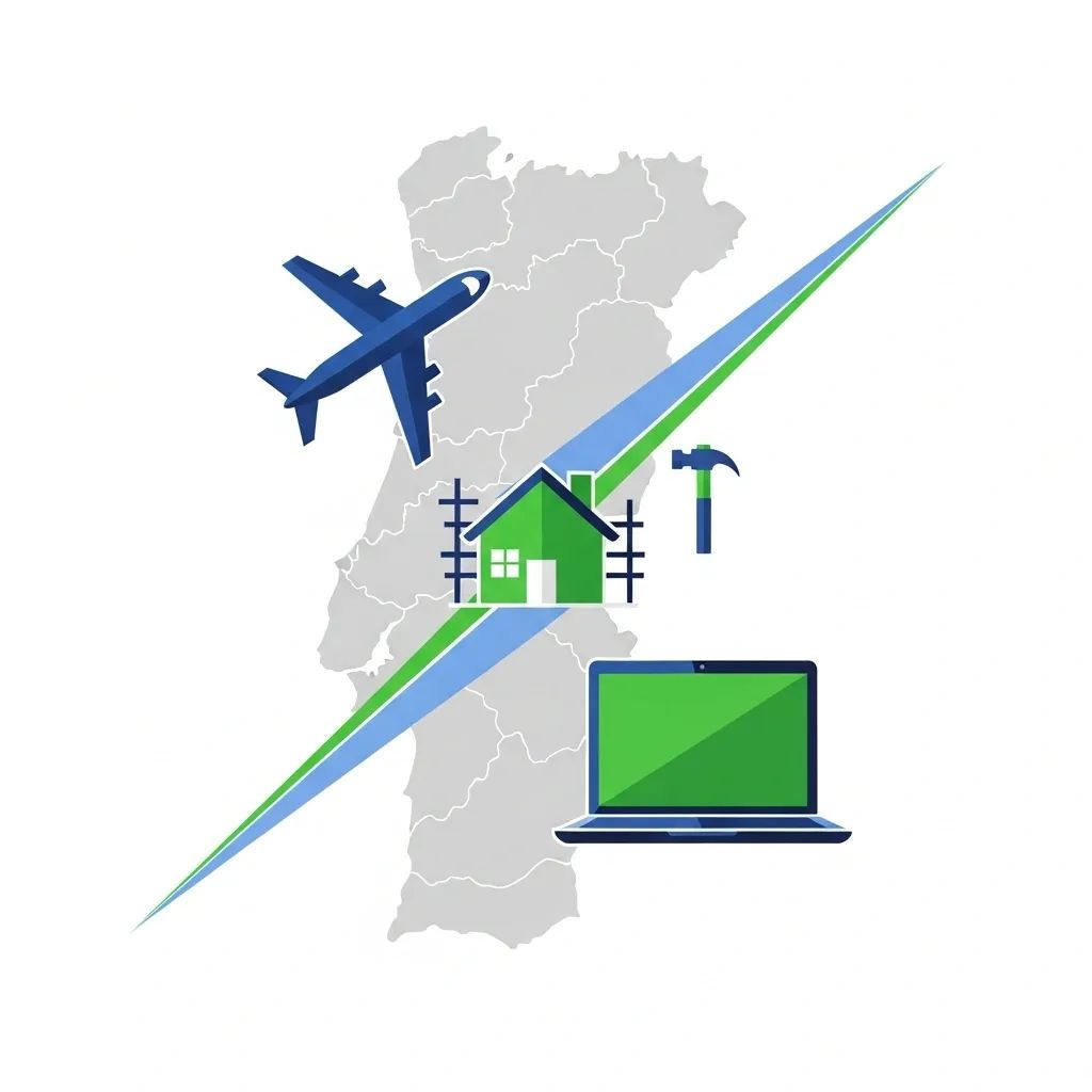 Infographic-style icons of travel, home renovation and smart tech over a map of Portugal