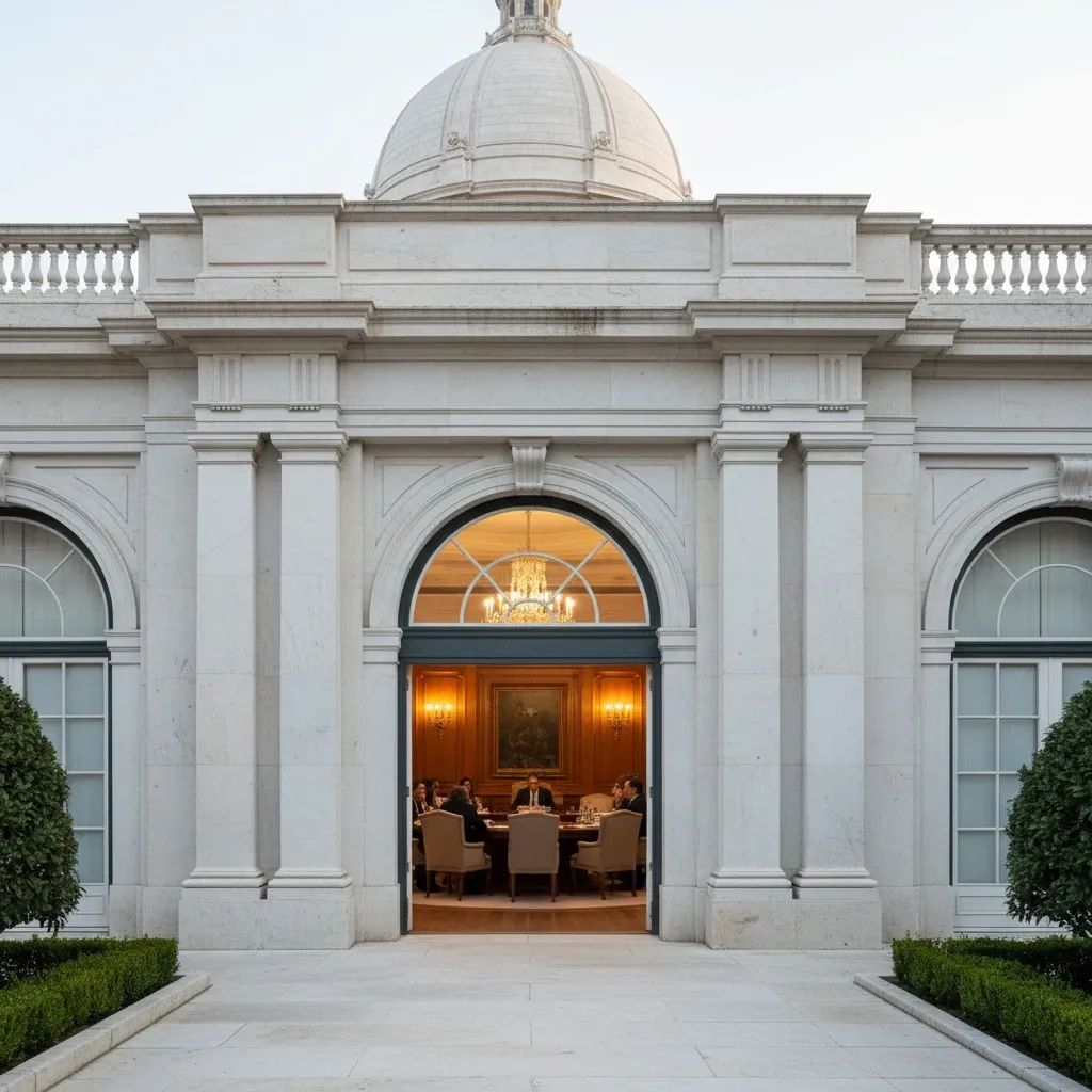 Portuguese government palace with formal meeting room, representing political leadership handover between president and prime minister