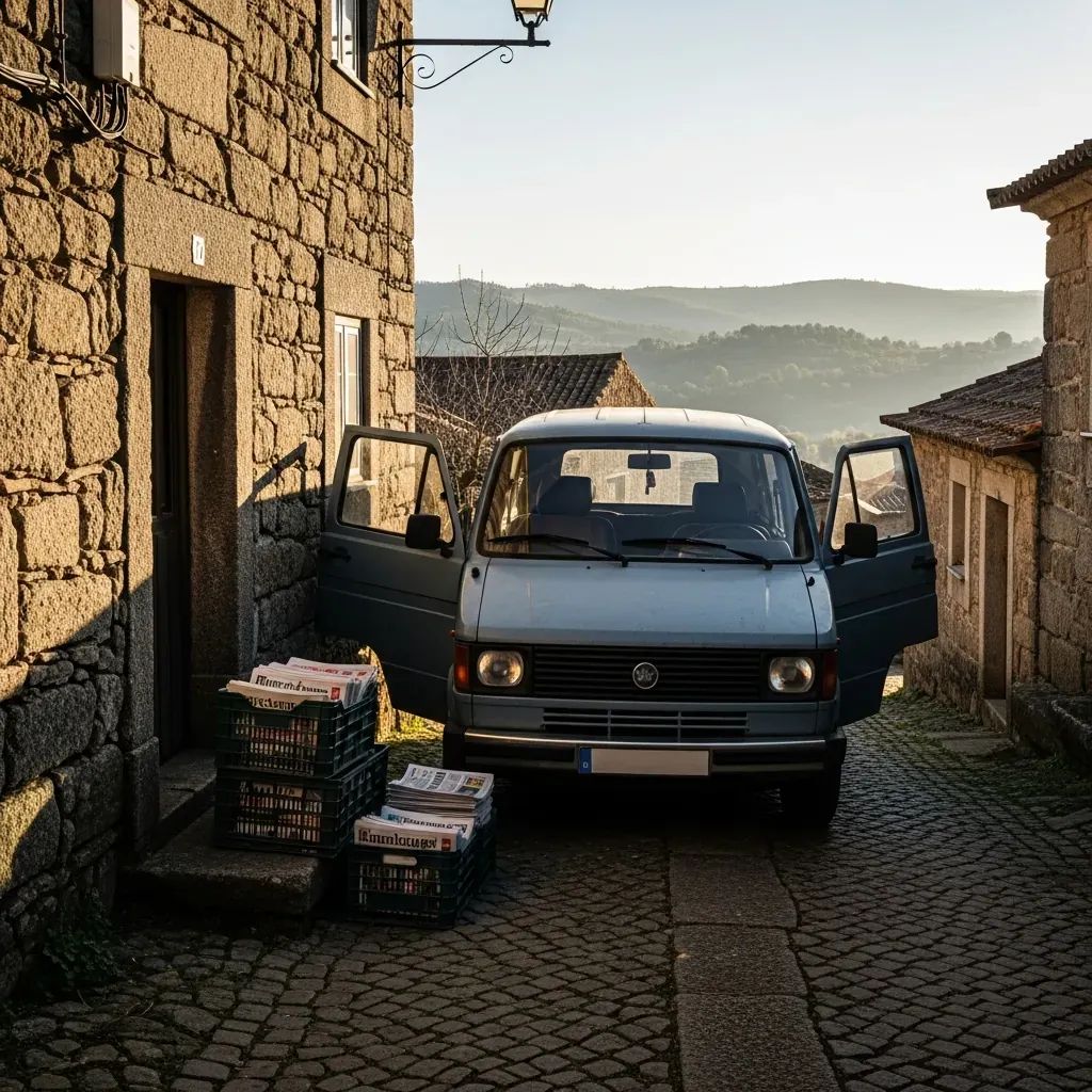 Newspaper delivery van parked in a rural Portuguese village with stacked papers on a doorstep