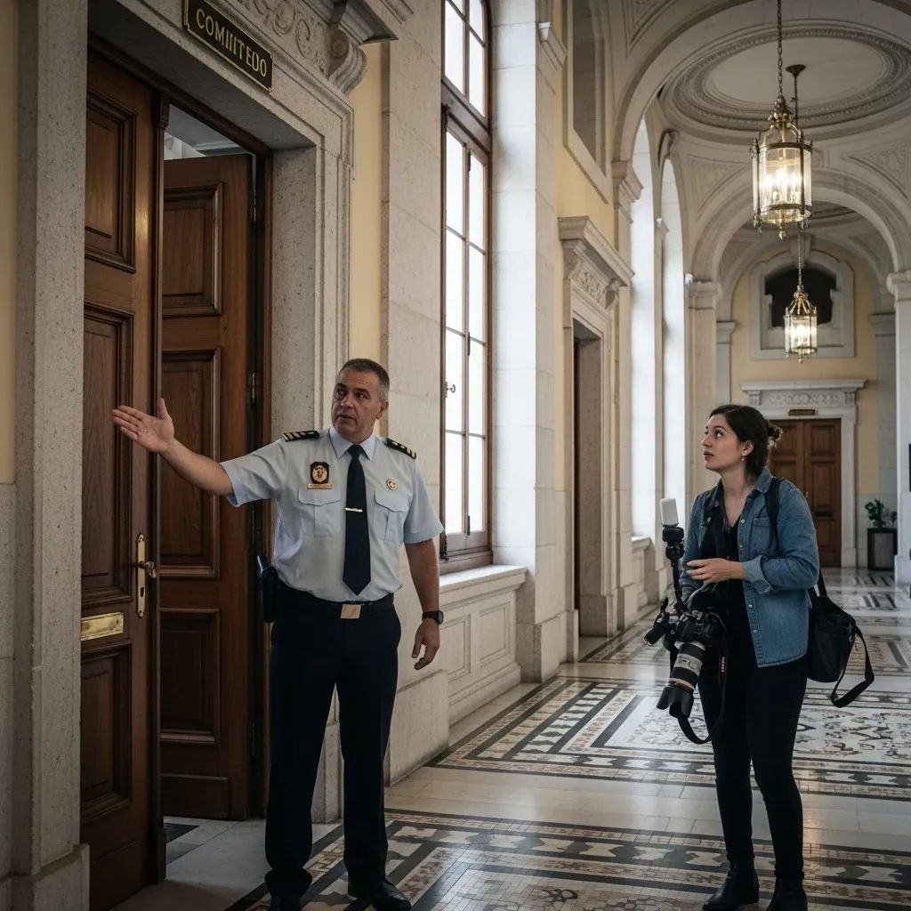 Uniformed guard gesturing to a reporter with a camera in a parliamentary corridor
