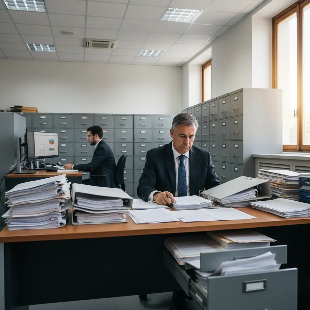 Government auditor reviewing stacked financial documents at office desk with filing systems in background