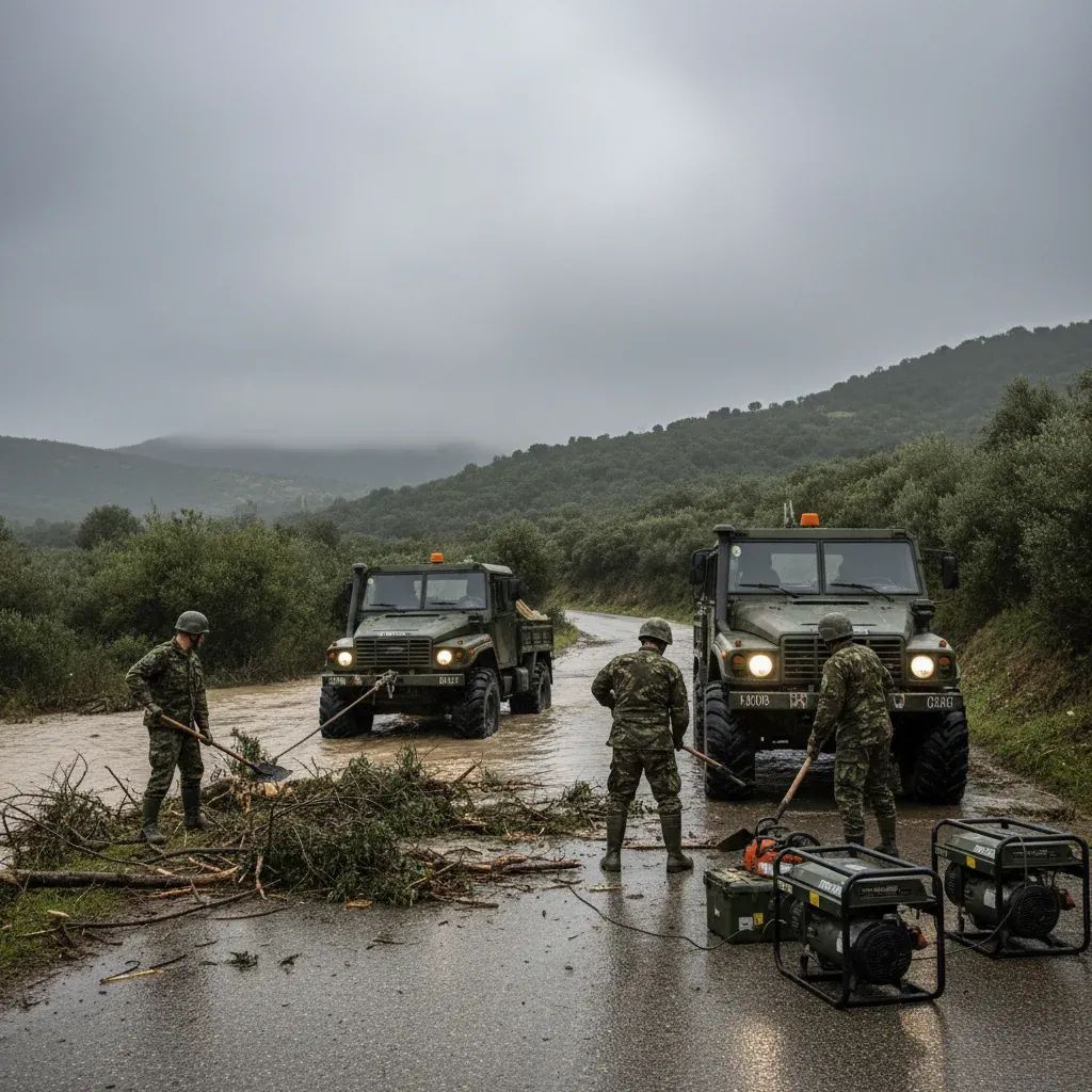 Portuguese military engineers clearing debris on a flooded rural road with all-terrain vehicles
