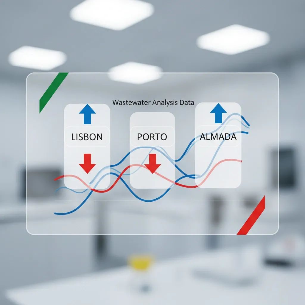 Infographic showing drug consumption trends in Lisbon, Porto, and Almada with statistical data visualization