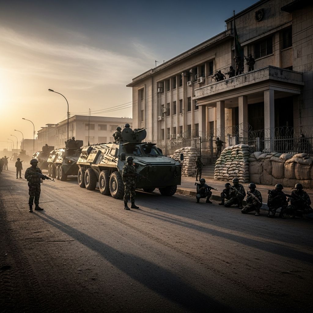Armed soldiers and armored vehicles blocking a street in Bissau at dawn