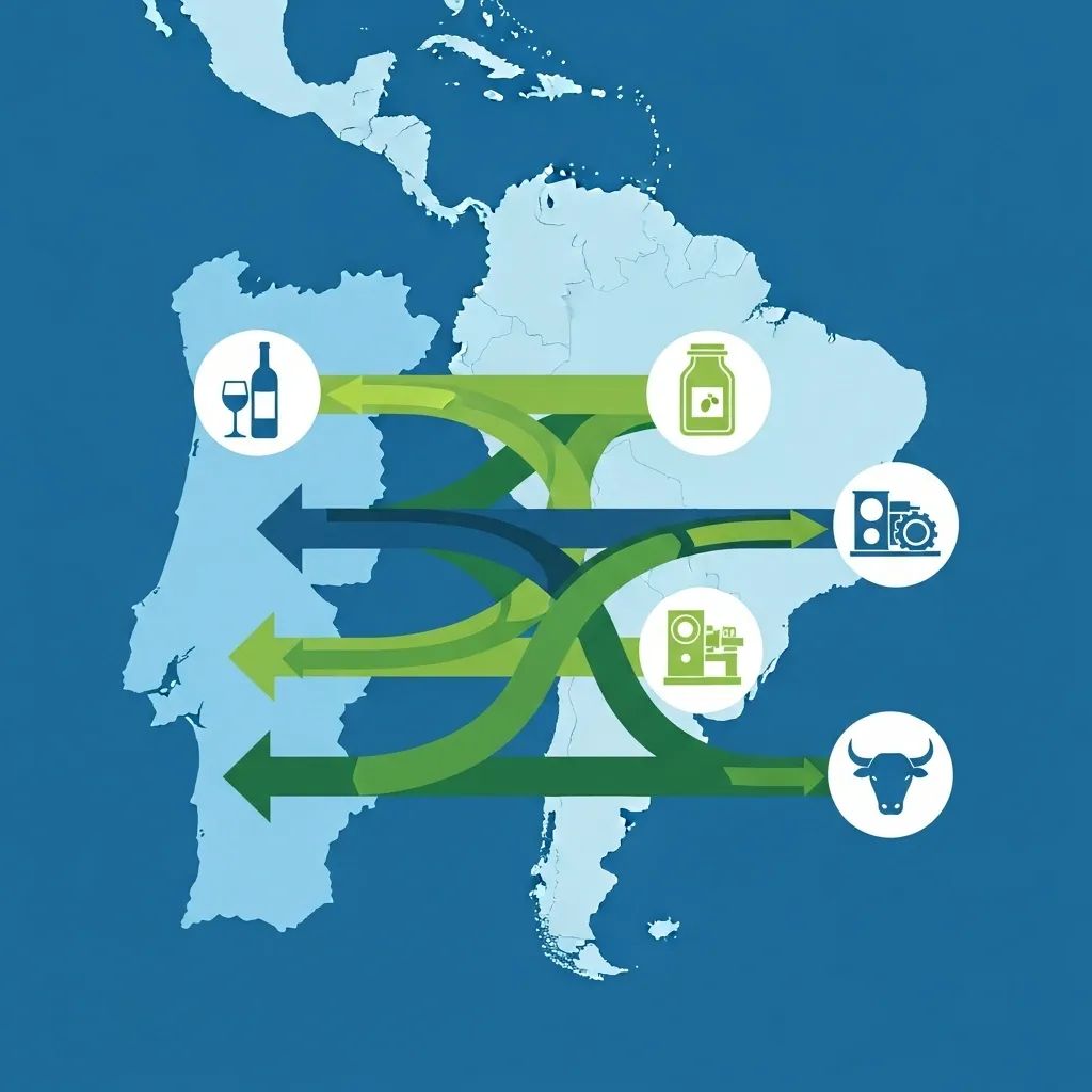 Map infographic of Portugal and South America connected by trade arrows with icons for wine, olive oil, machinery and cattle