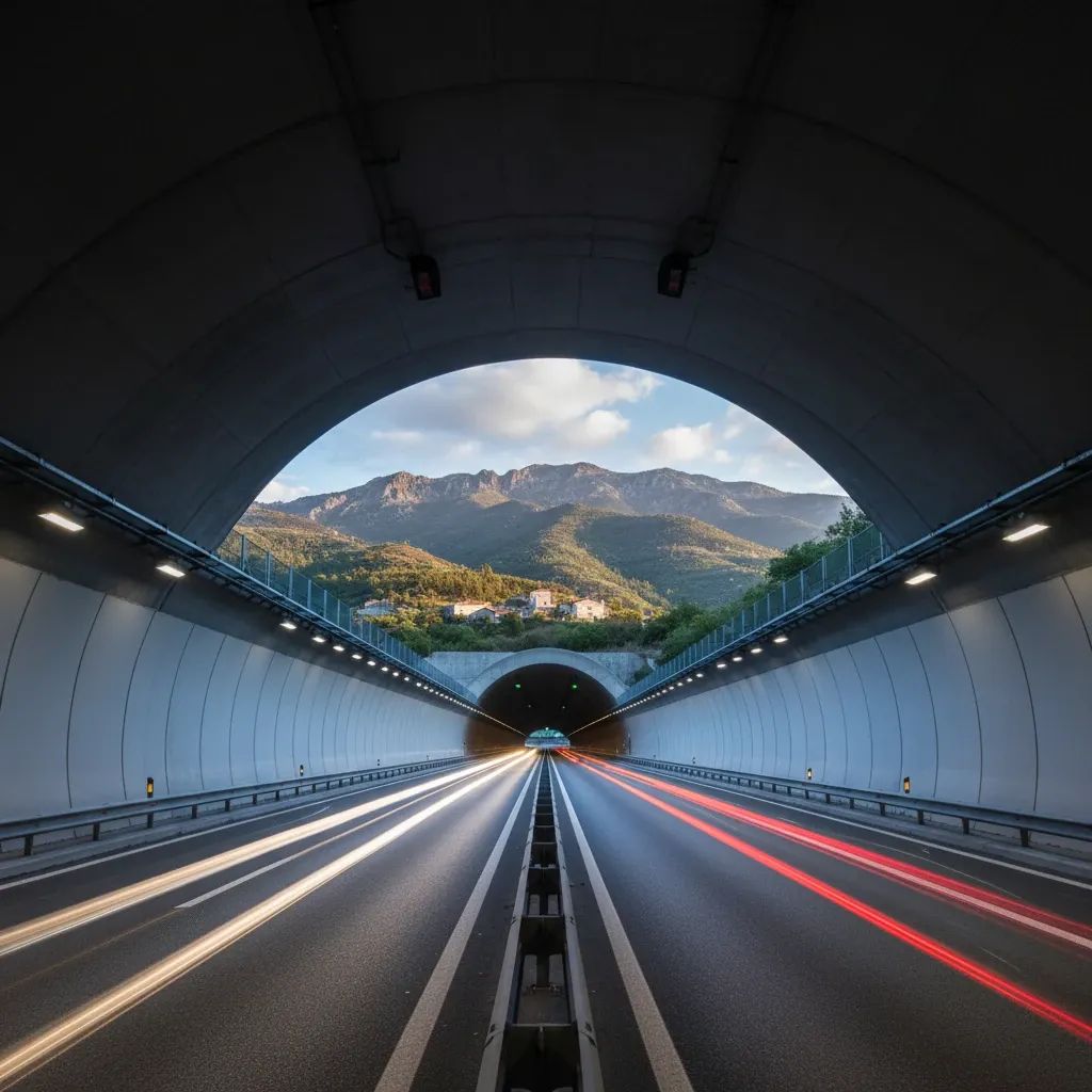 Modern highway tunnel interior with vehicle lights and mountain landscape visible at entrance