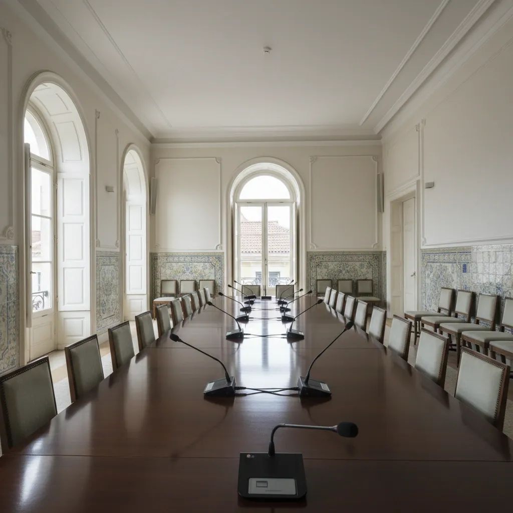 Vacant chairs around Lisbon ministry conference table symbolising stalled Portuguese labour talks