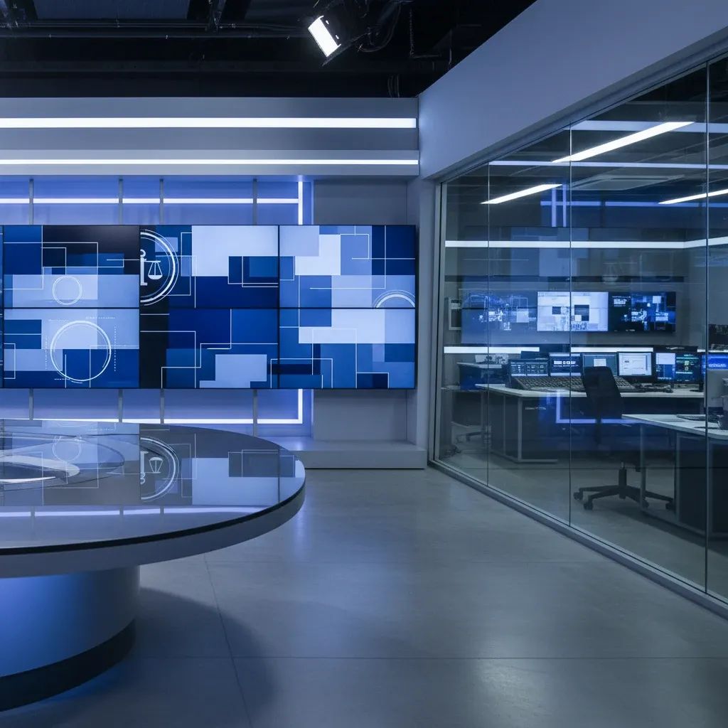 Portuguese TV broadcasting studio with monitors and control equipment representing media regulation
