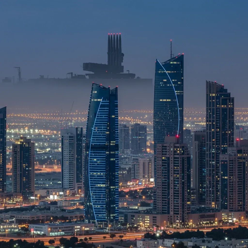 Abu Dhabi cityscape during security alert with modern skyline and defensive systems visible