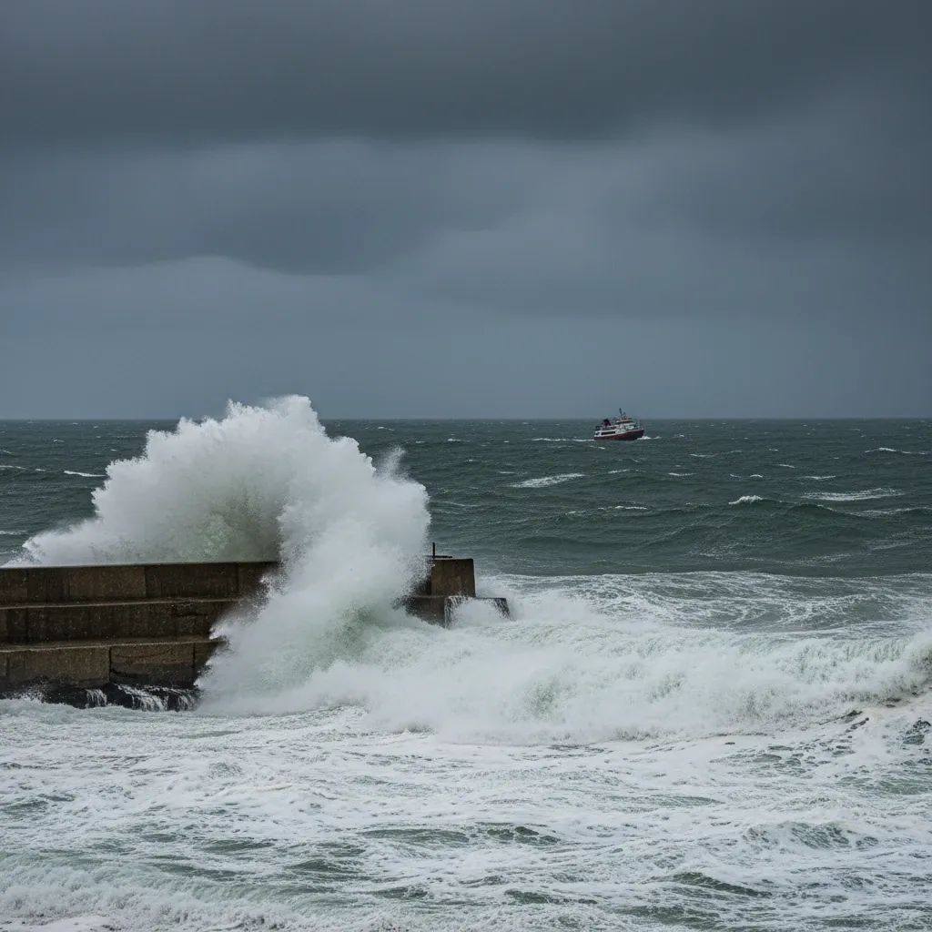 Massive storm waves crashing against a Portuguese coastal breakwater with a halted ferry in the distance
