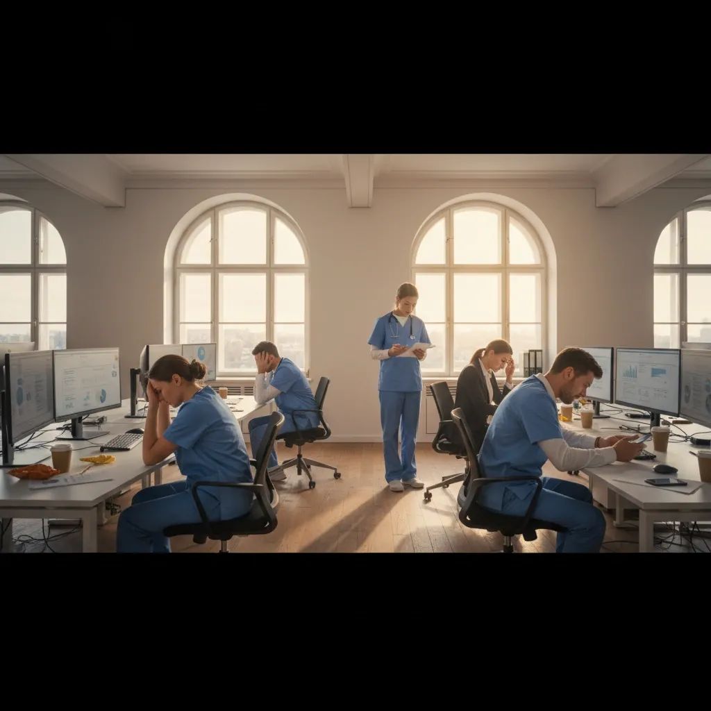 Healthcare and office workers experiencing workplace stress and burnout related to mental health crisis