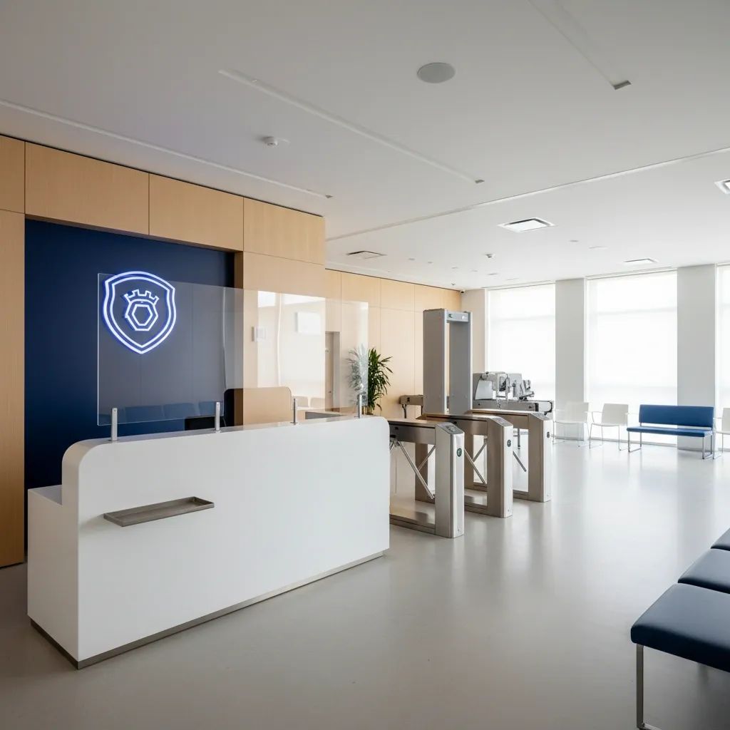 Interior of a modern police station reception desk with security barriers and professional lighting