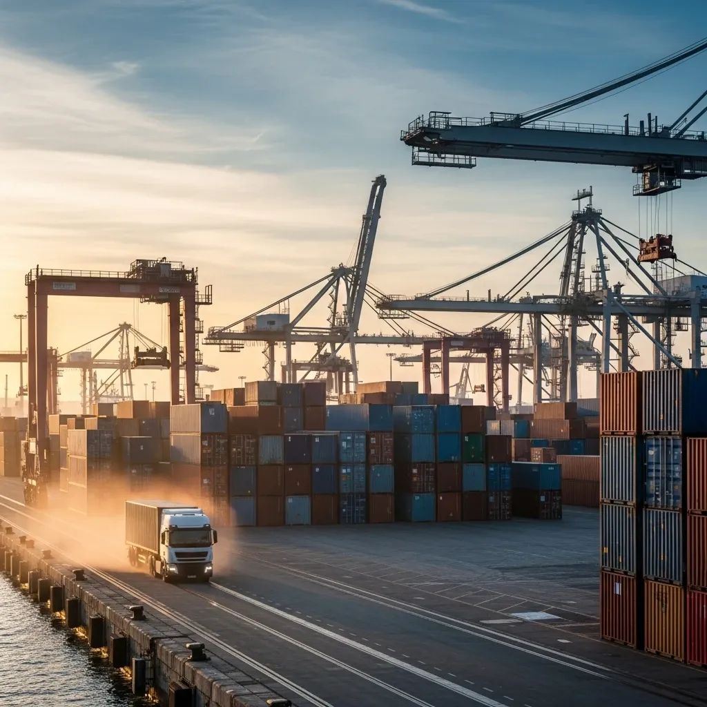 Shipping containers and cranes at Leixões port quayside with a truck in early morning light