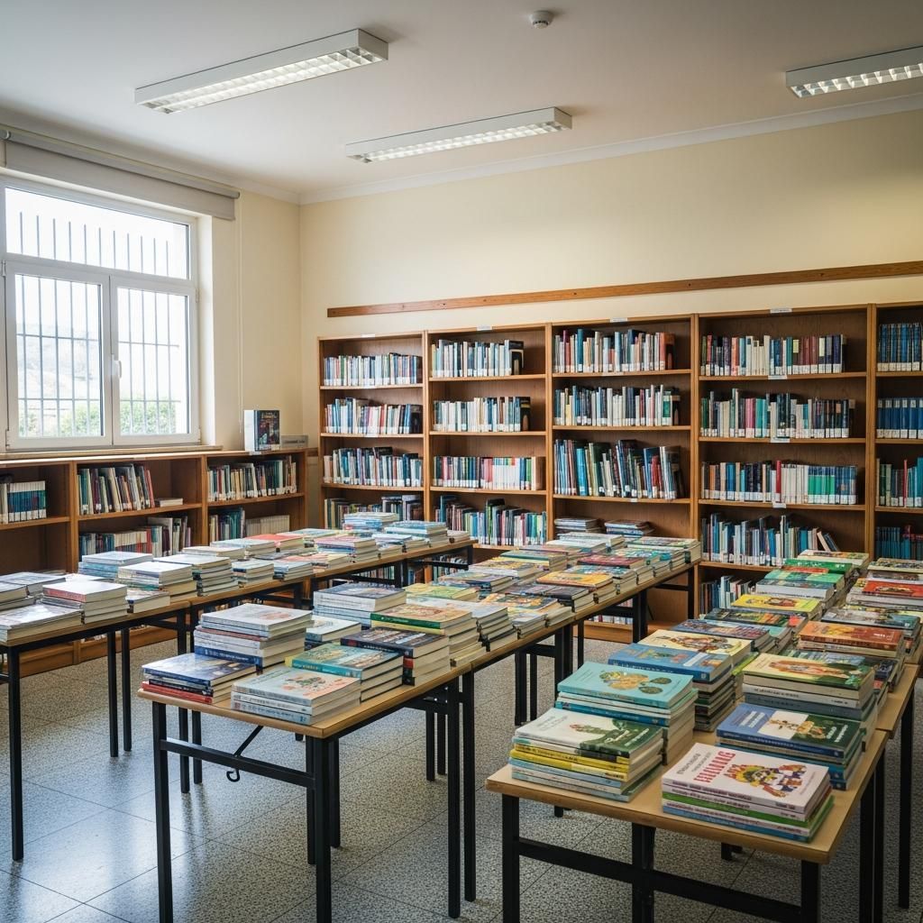 Interior of a primary school library room with empty wooden shelves and boxes of books awaiting installation