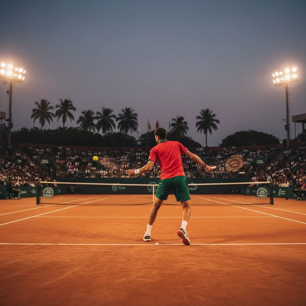 Tennis player in red-green kit hitting a backhand on a floodlit hard court, reflecting Silva’s Chennai win