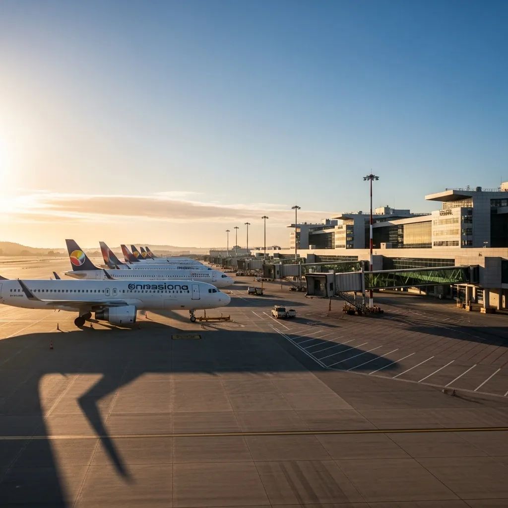 Commercial airplanes parked at Lisbon Airport apron with terminal building in background
