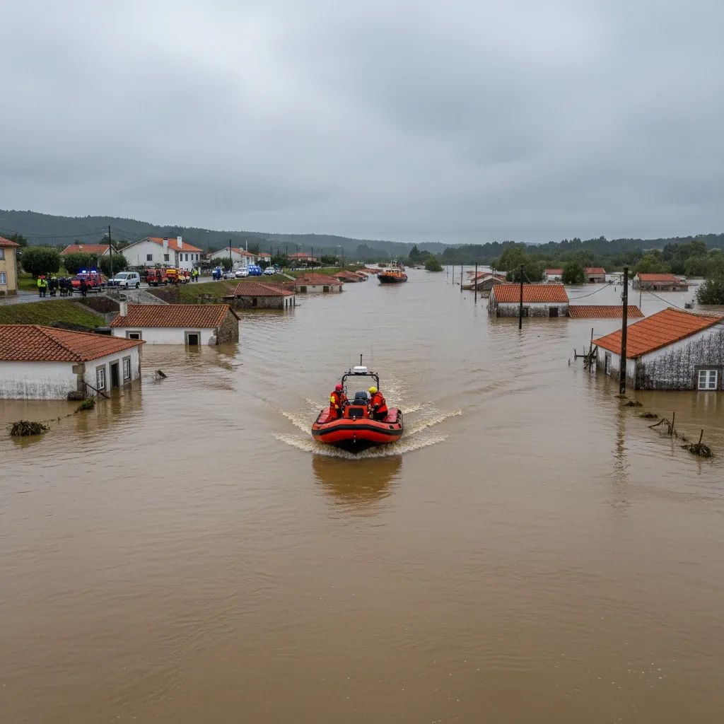 Rescue boat navigating floodwaters in a Portuguese riverside village