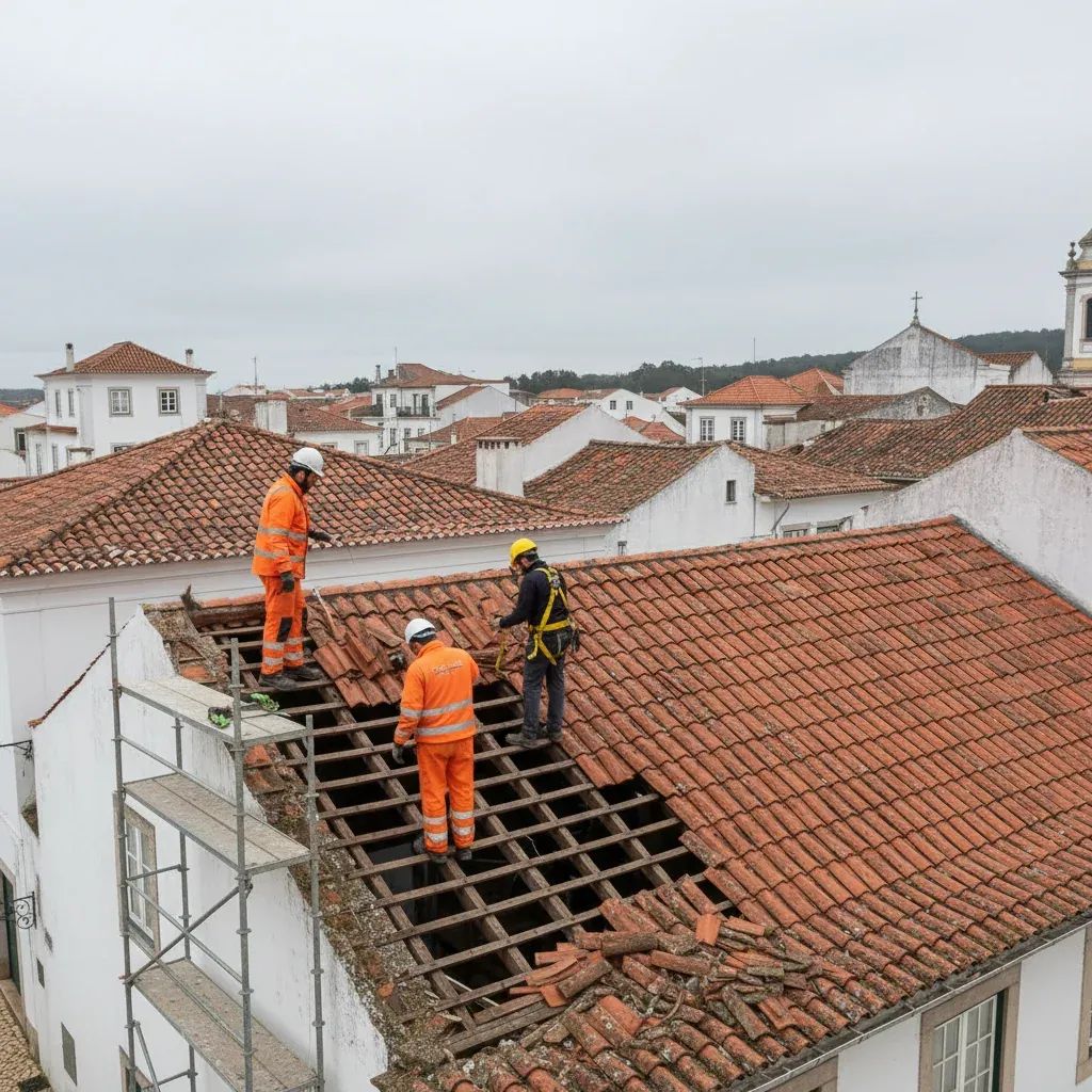 Workers repairing a storm-damaged red-tiled roof in a Portuguese town