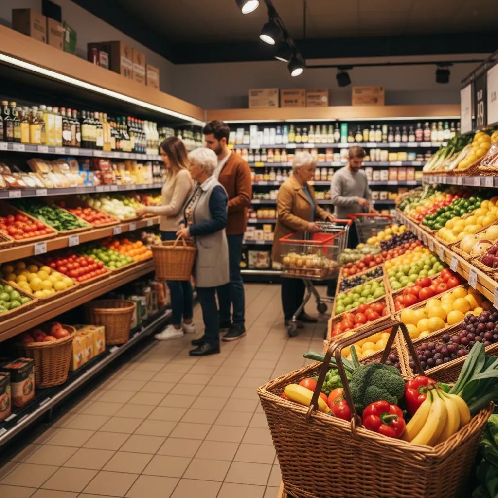 Inside a Portuguese grocery store showing produce section with shoppers and full shelves of fresh food items