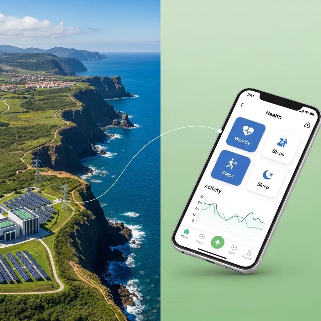 Illustration of island battery storage facility and smartphone health app symbolizing EU-funded projects in Madeira and Azores