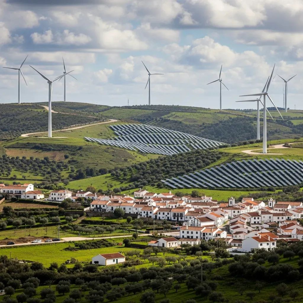 Portuguese rural landscape with wind turbines and solar panels in green hills