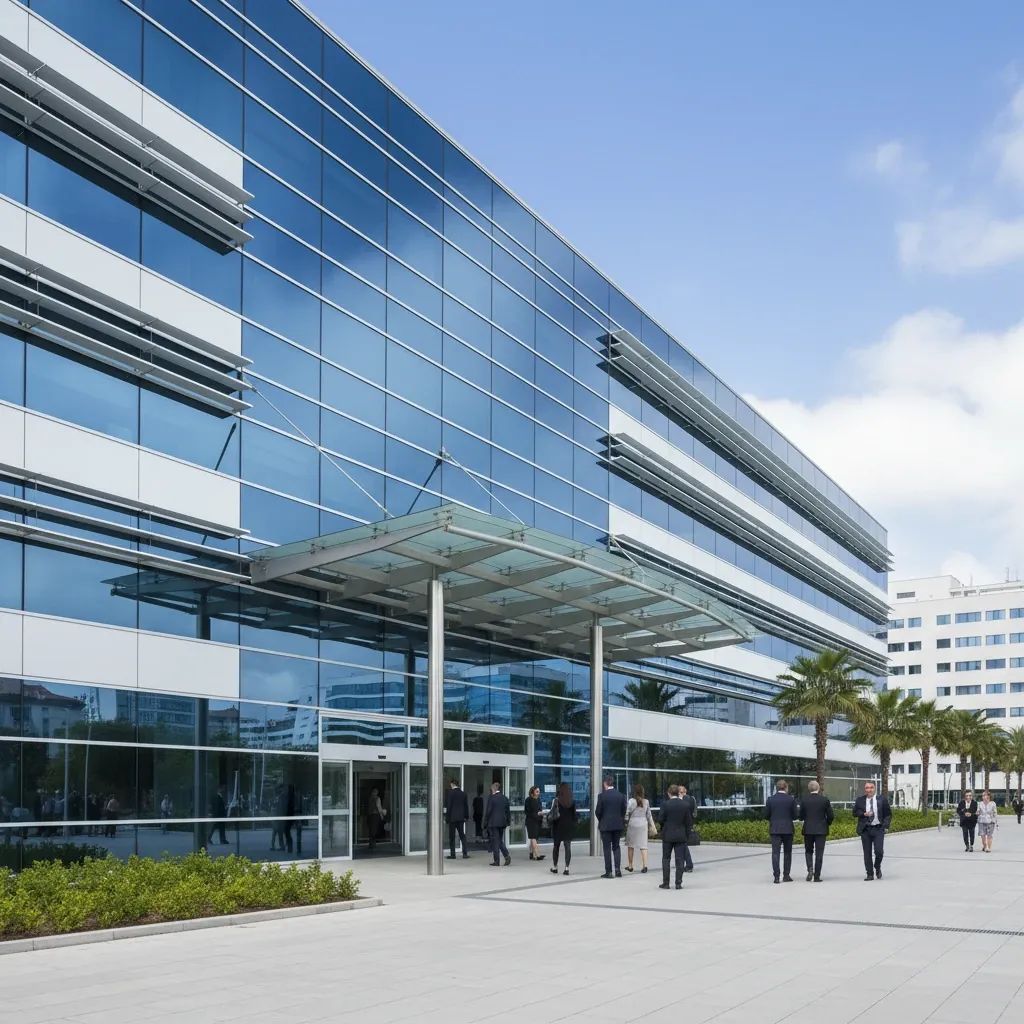 Modern hospital building with professional entrance showing the intersection of private and non-profit healthcare facilities