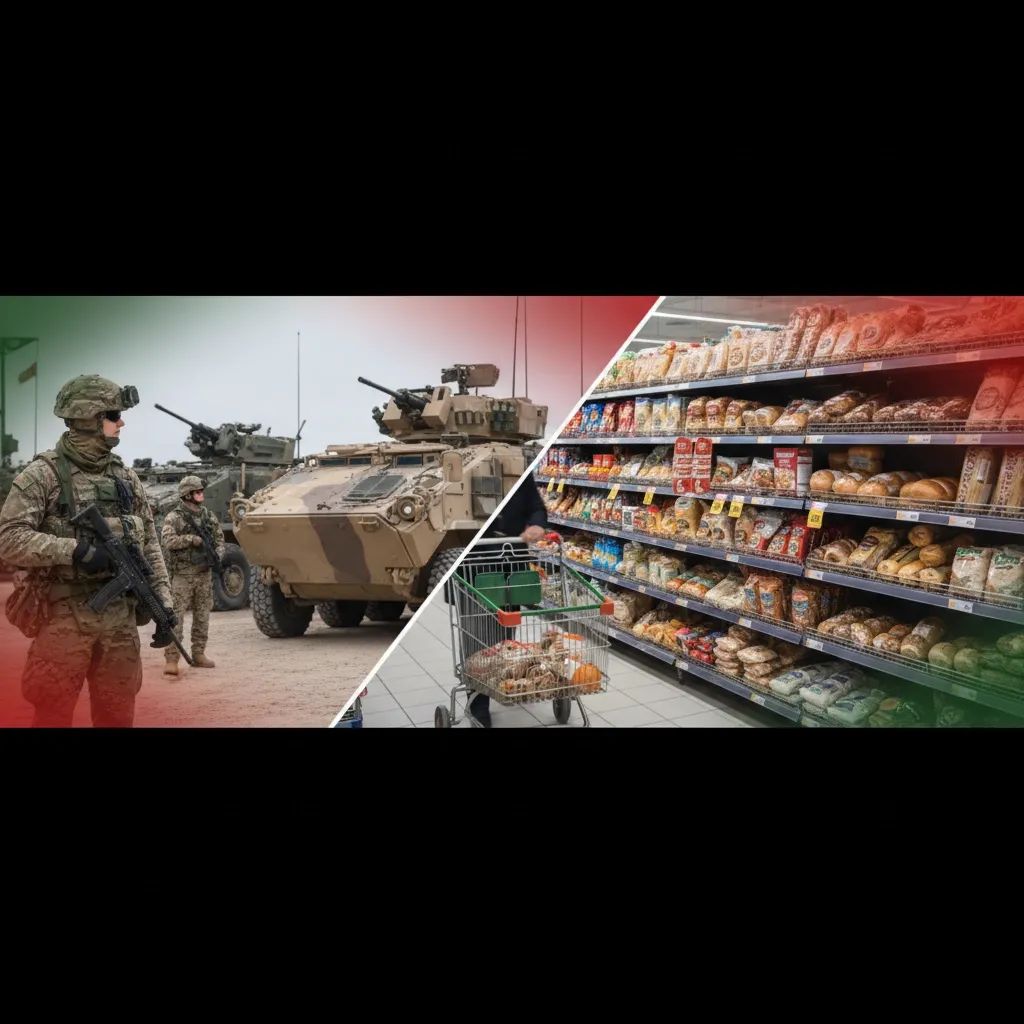 Split-screen news graphic linking NATO military defense and Portuguese grocery shelves representing food price impacts