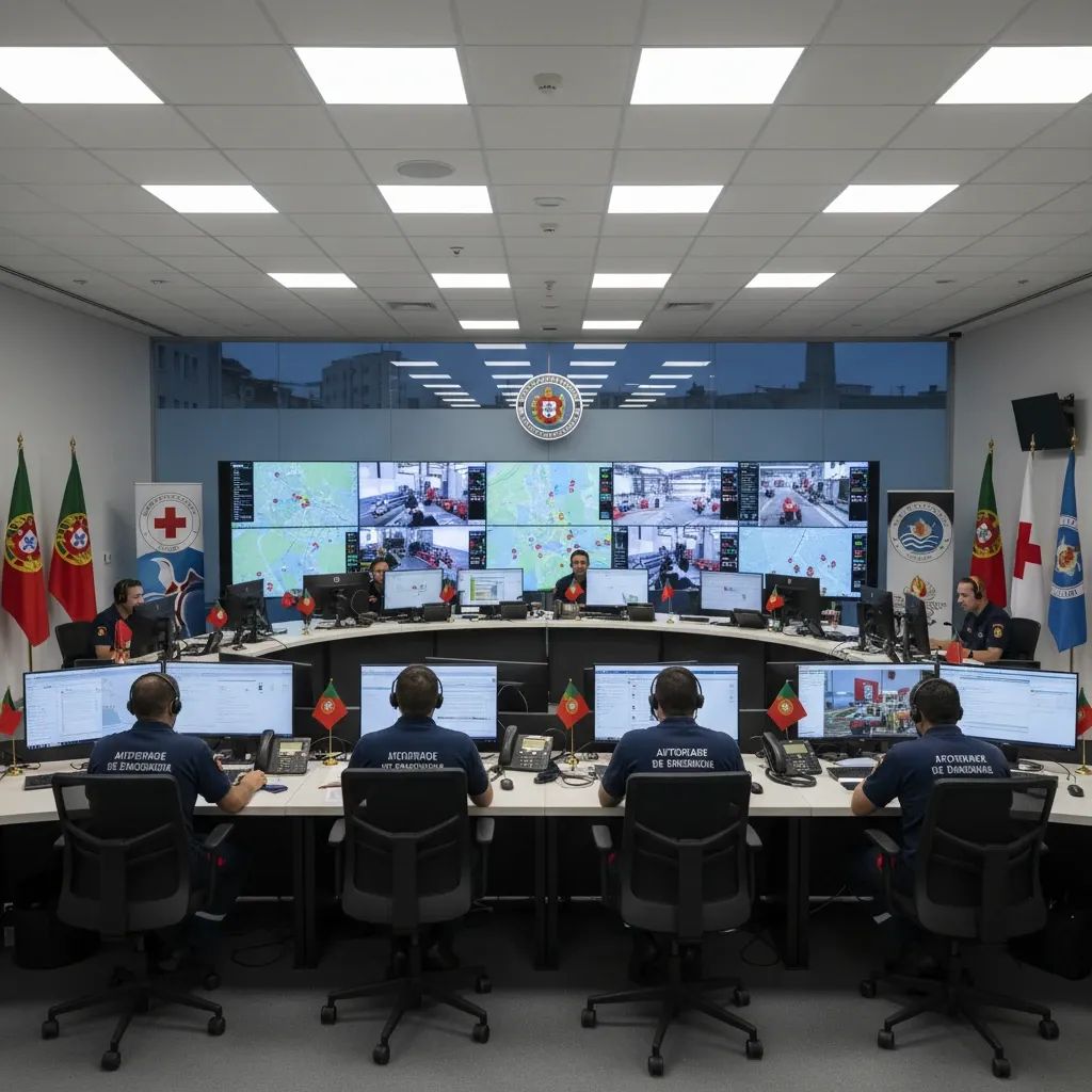 Emergency command center with unified response coordination systems and operational displays