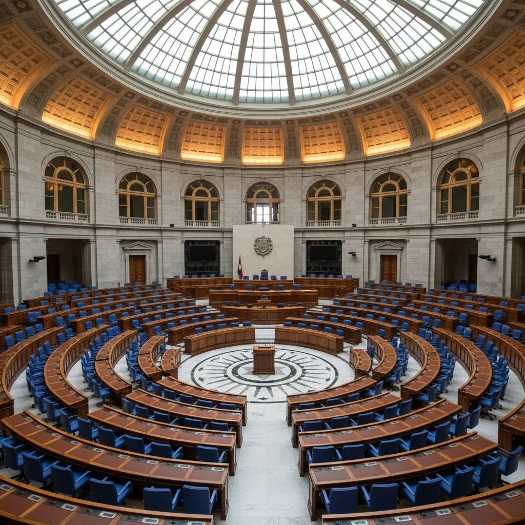 Portuguese parliament chamber showing legislative seating arrangement, emphasizing political debate and governmental decision-making