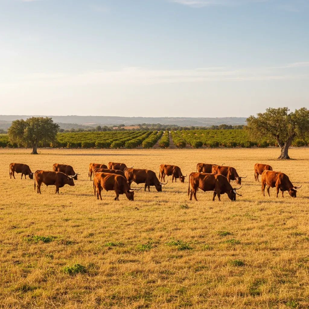 Reddish-brown Algarve cattle grazing on open pasture in traditional Portuguese countryside