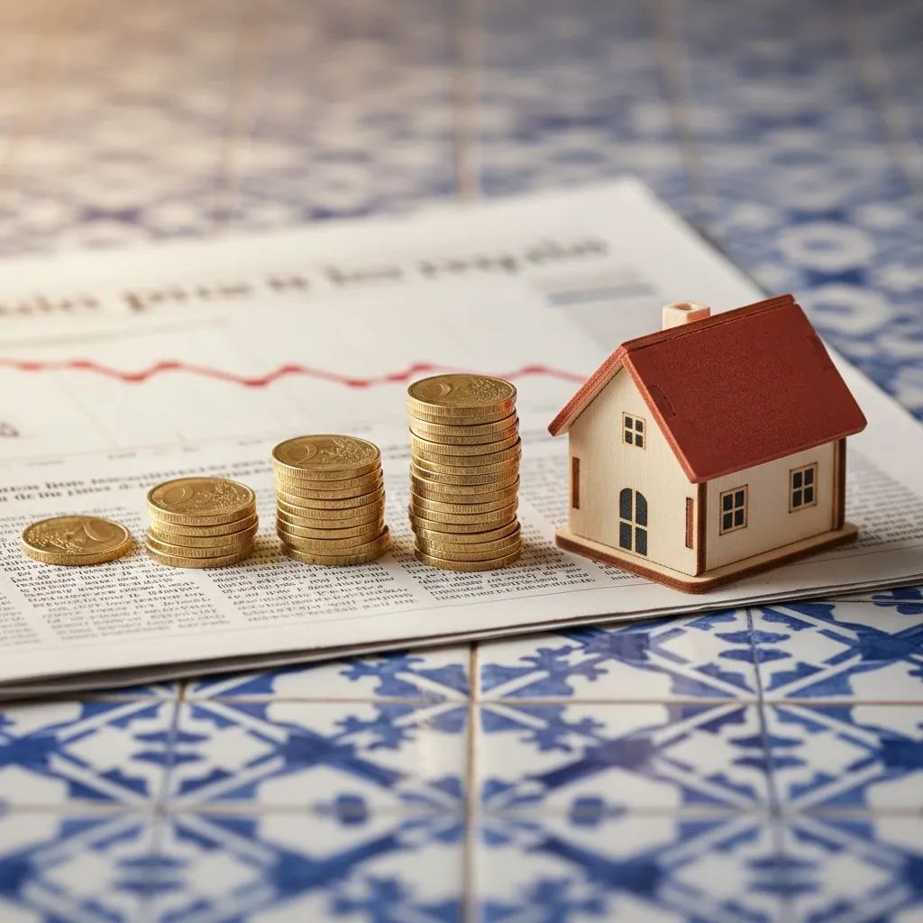 Euro coins and small house on financial newspaper with downward graph, illustrating falling Portuguese bond yields and mortgage rates
