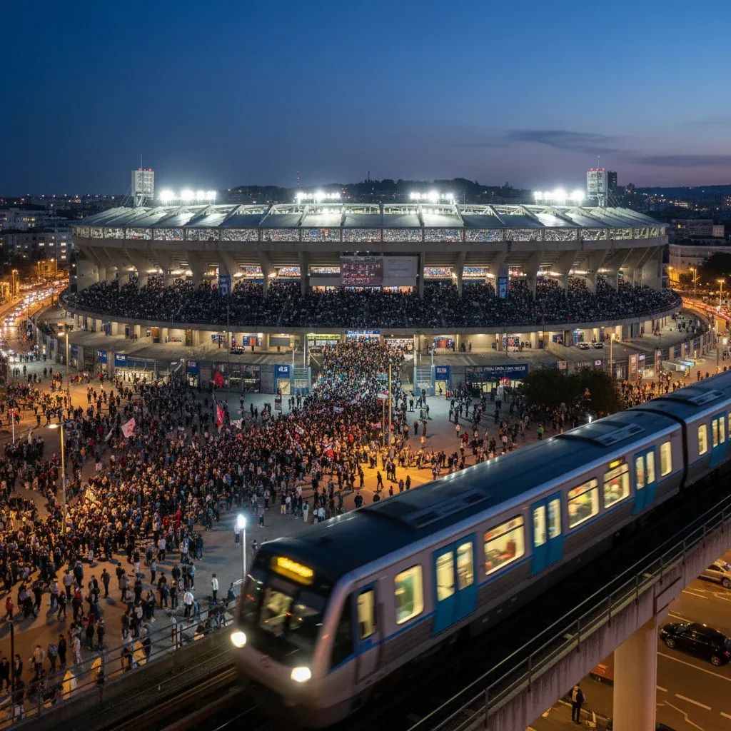 Night view of Porto football stadium lit by floodlights as fans arrive and a metro train glides past