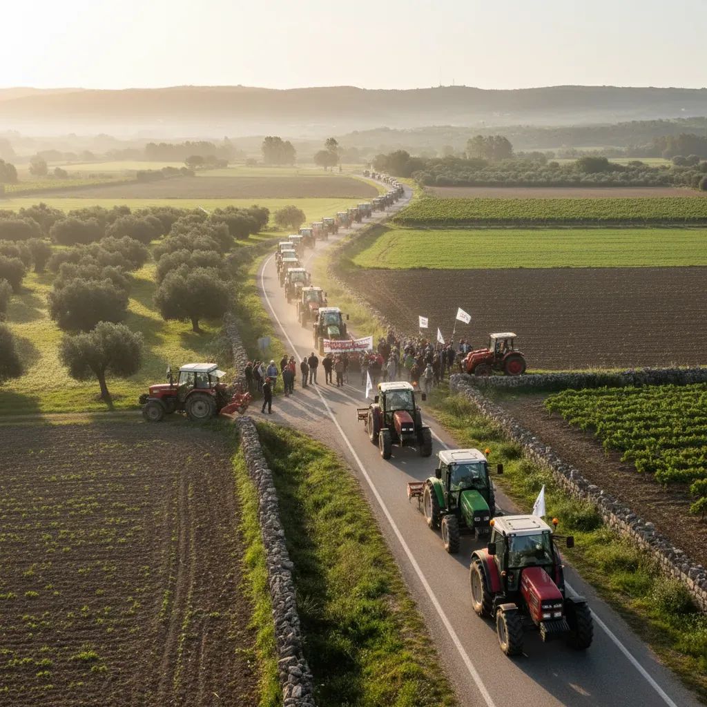 Tractor convoy traveling through Portuguese agricultural landscape during farmer demonstration in Aveiro