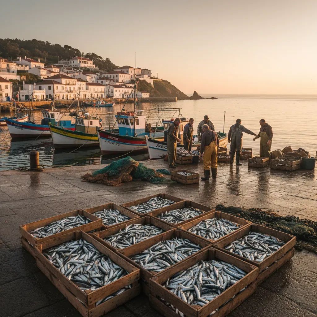 Portuguese fishing boats at harbor dock with fresh sardine catch in wooden crates during morning auction