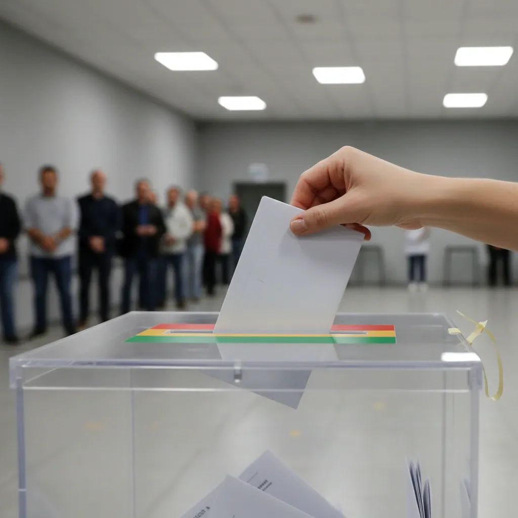 Voter placing a ballot in a transparent election box at a Portuguese polling station