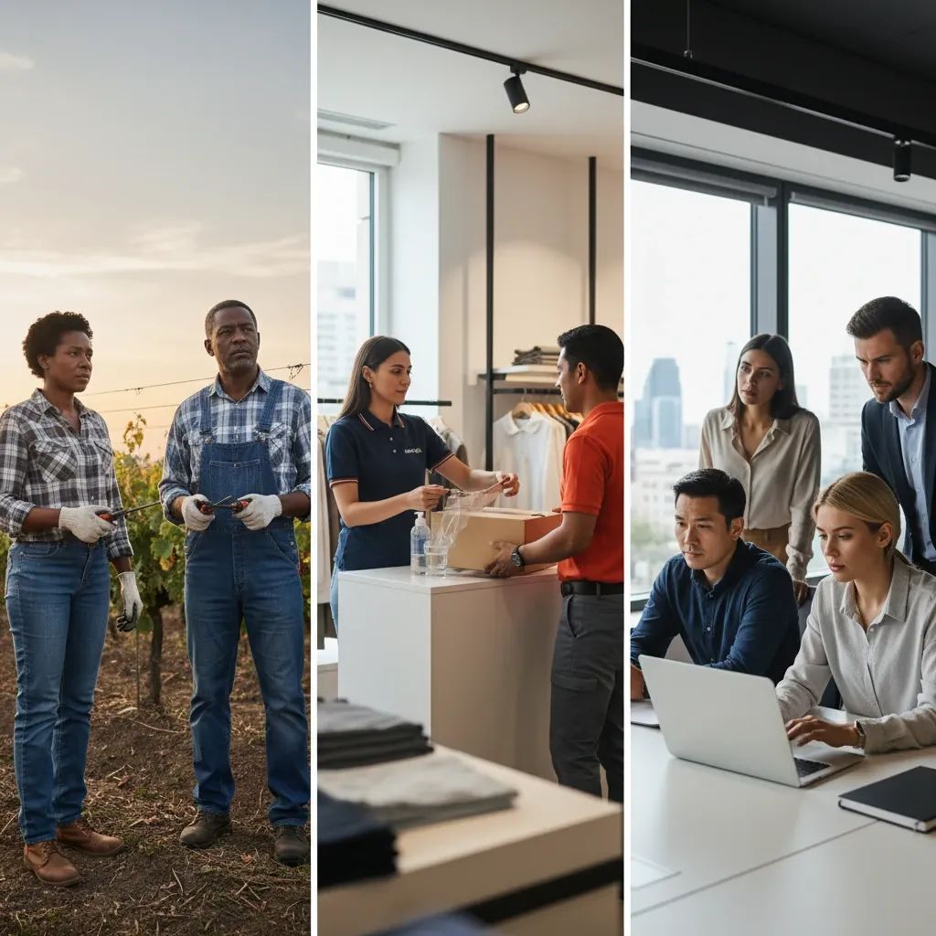 Diverse Portuguese workers from agriculture, retail, and gig economy sectors discussing labor reforms