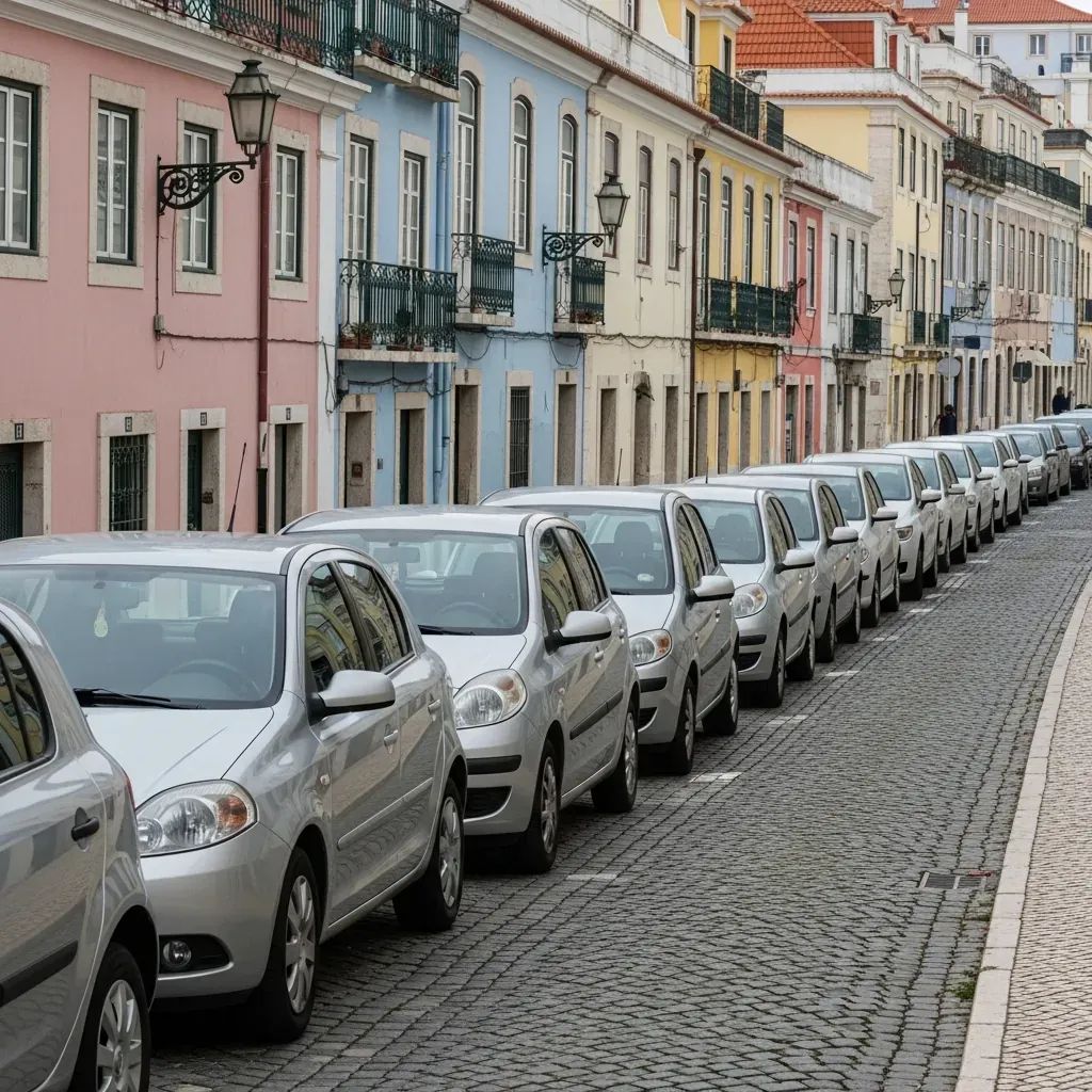 Ride-hailing cars lined up on a Lisbon cobblestone street with historic buildings in the background