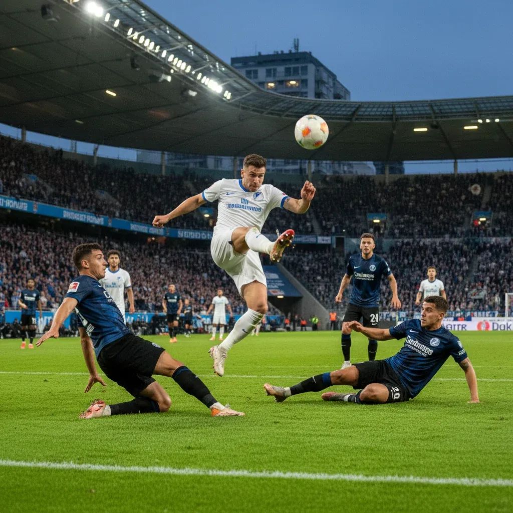Midfielder in Hamburg white jersey shooting during Bundesliga match against Mainz