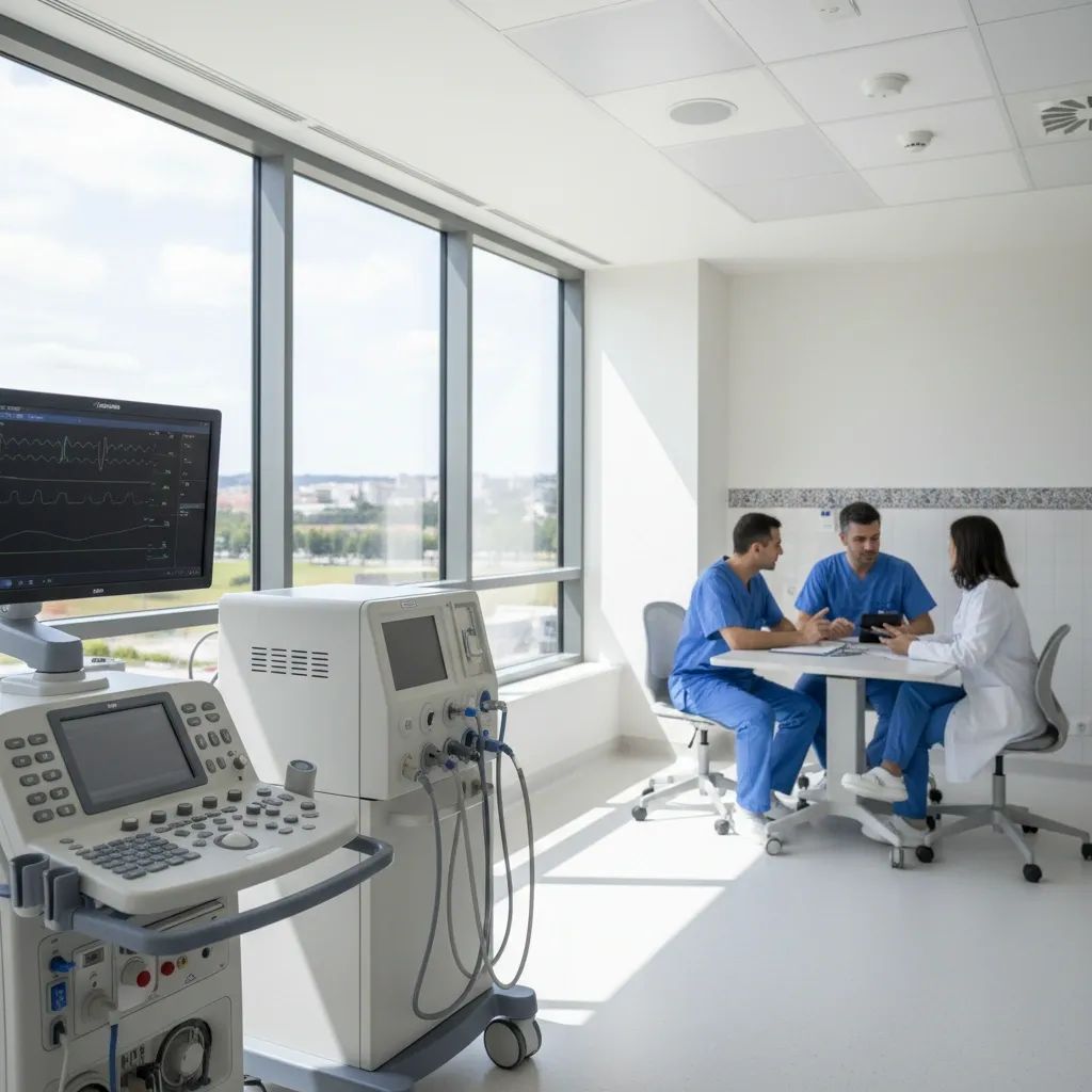 Portuguese cardiologists discussing patient cases at modern hospital facility during health system meeting