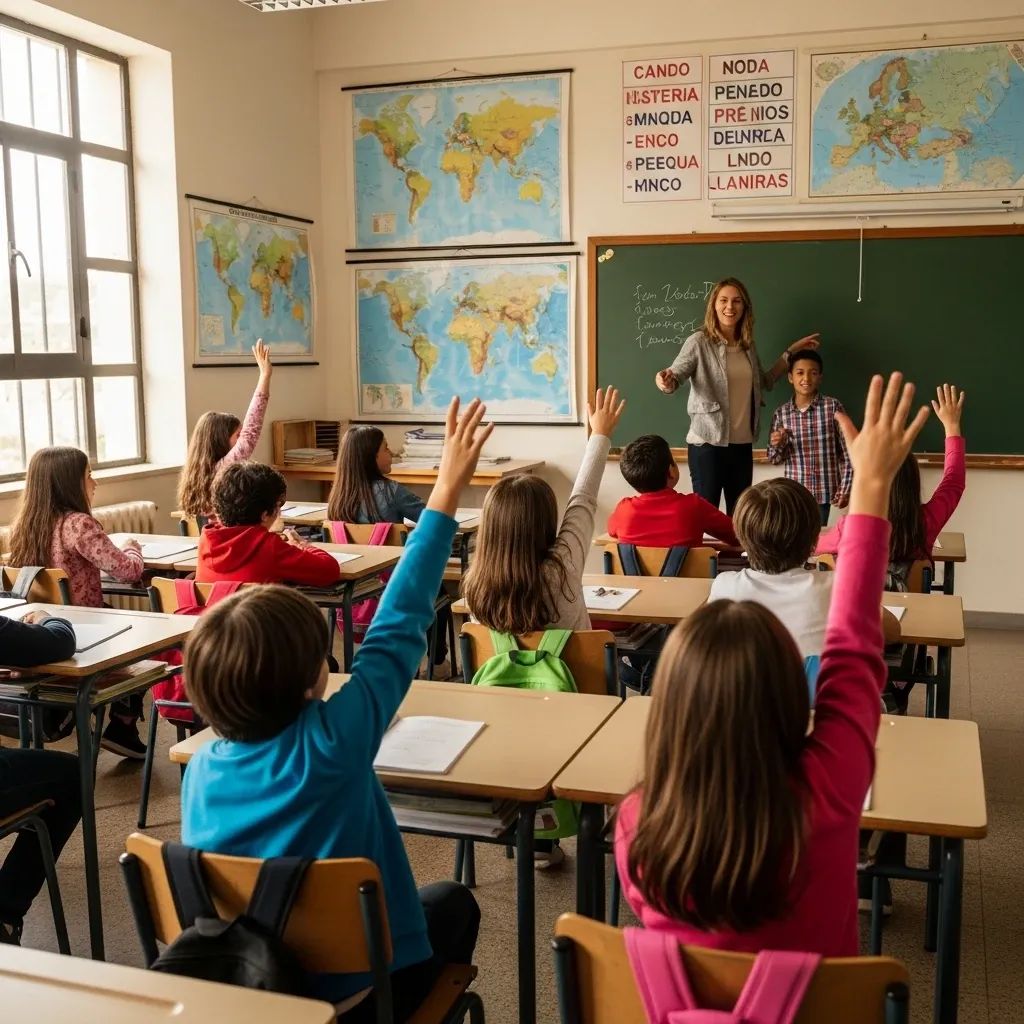 Alunos imigrantes de várias origens em sala de aula portuguesa com professora interagindo