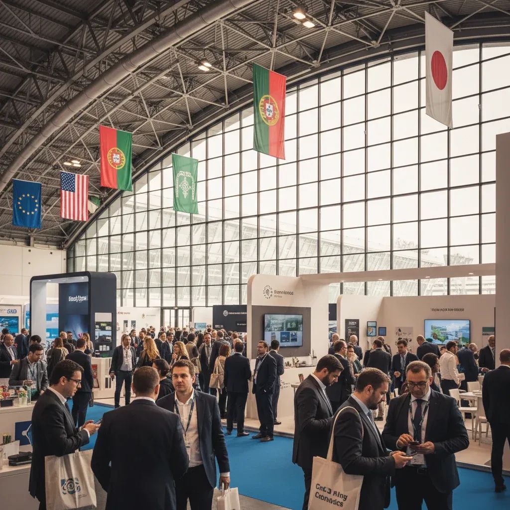 Busy international trade show floor with diverse attendees and Portuguese tourism exhibitors at modern Lisbon convention center
