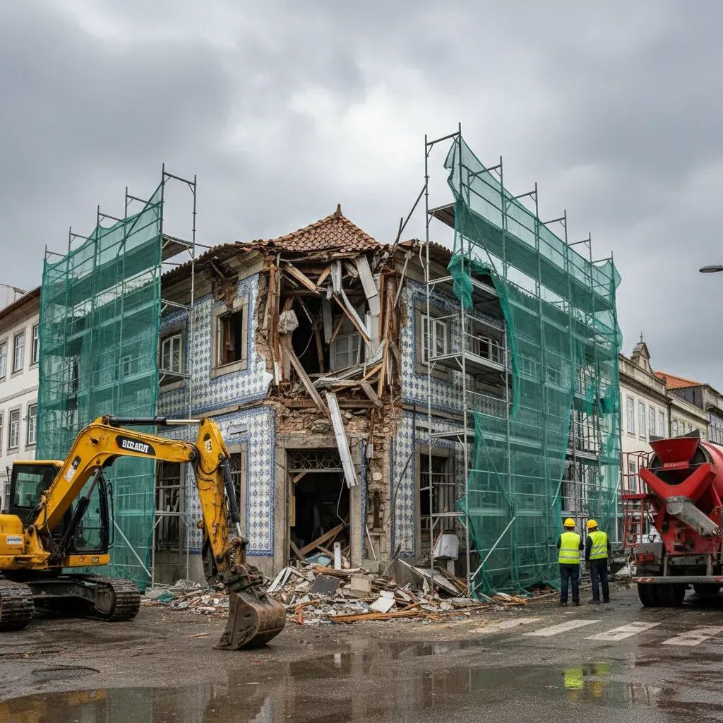 Storm-damaged Portuguese business with scaffolding and construction machinery under overcast sky