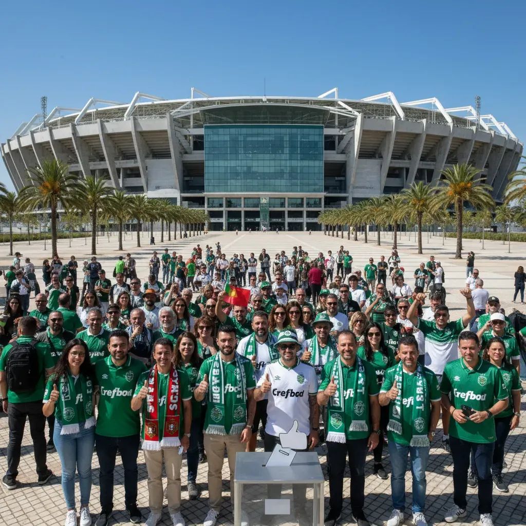 Sporting CP stadium with supporters gathering, representing club governance and membership voting