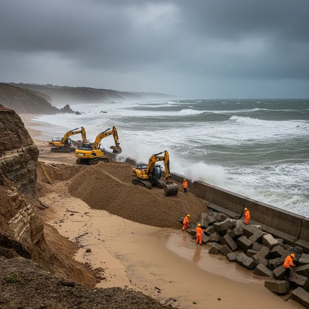 Coastal construction crew performing emergency sand replenishment and seawall repairs on Portuguese beach