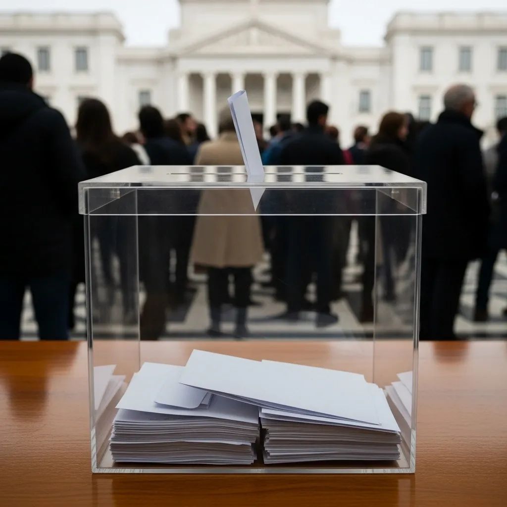 Ballot box on a table with blurred voters and a government building in the background