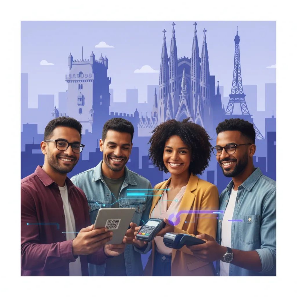 Diverse people using MB Way mobile payment app across European cities with contactless and QR code technology