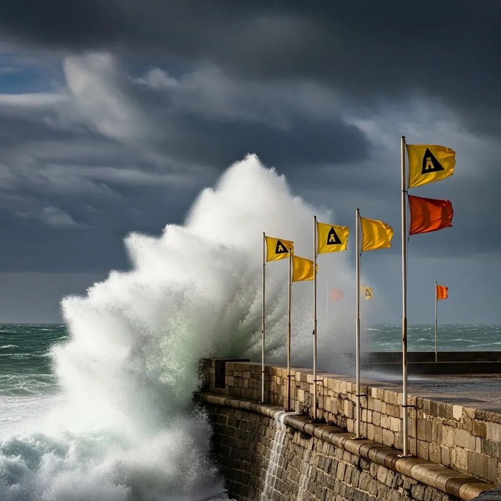 Rough Atlantic waves crashing against a Portuguese seawall with warning flags flying