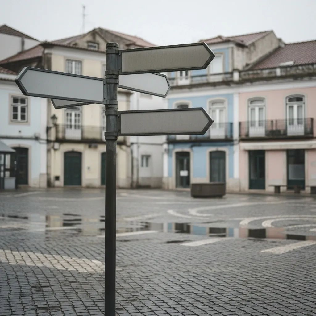 Blank directional signpost in a Portuguese town square symbolizing voter uncertainty in the presidential run-off
