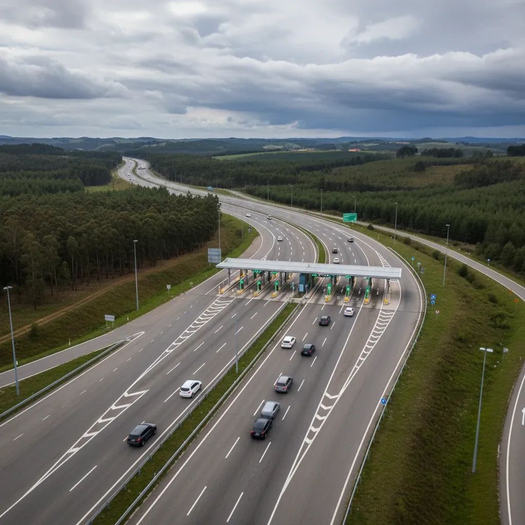 Aerial view of A8 motorway toll booths near Leiria with steady traffic on an overcast day