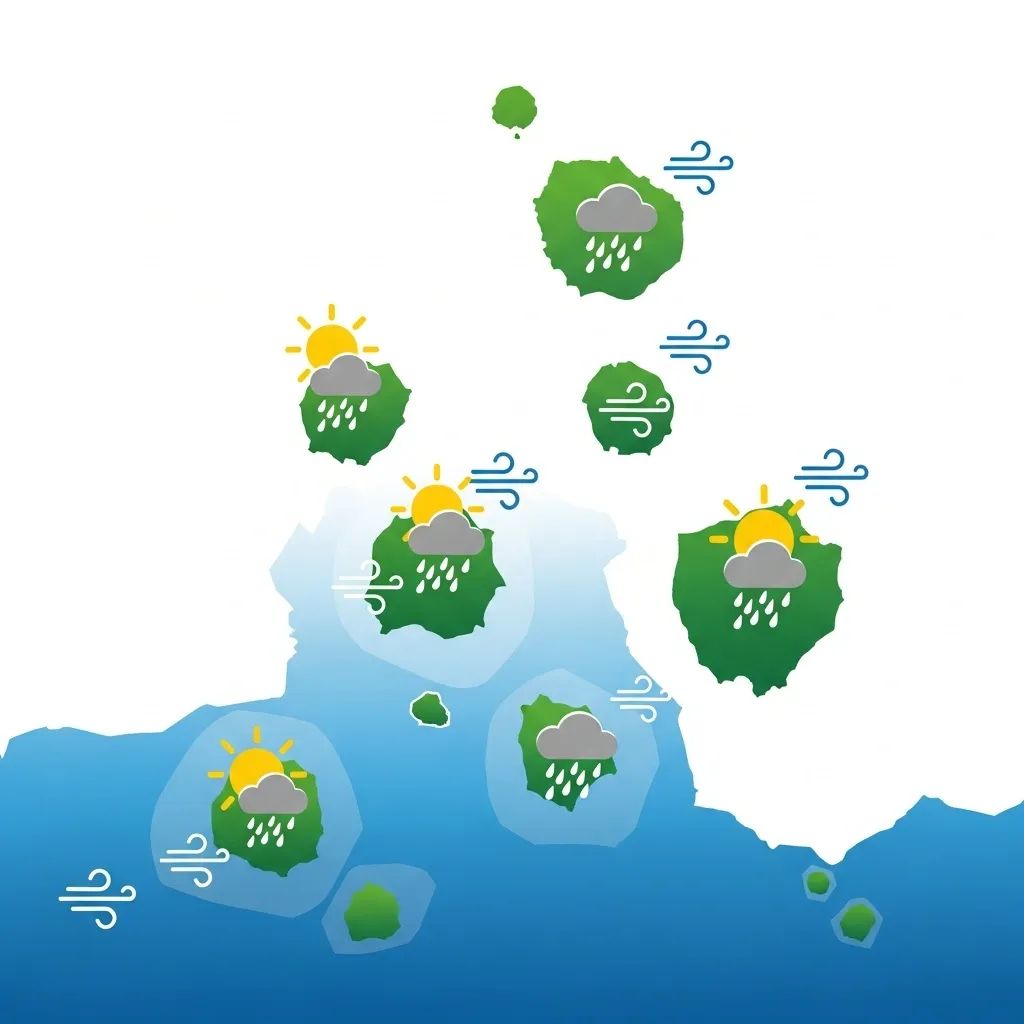 Infographic map of the Azores archipelago with weather icons for each island at Christmas